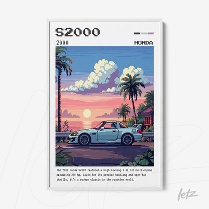 pixel art of Honda S2000 parked at sunset with palm trees in the background and pink details