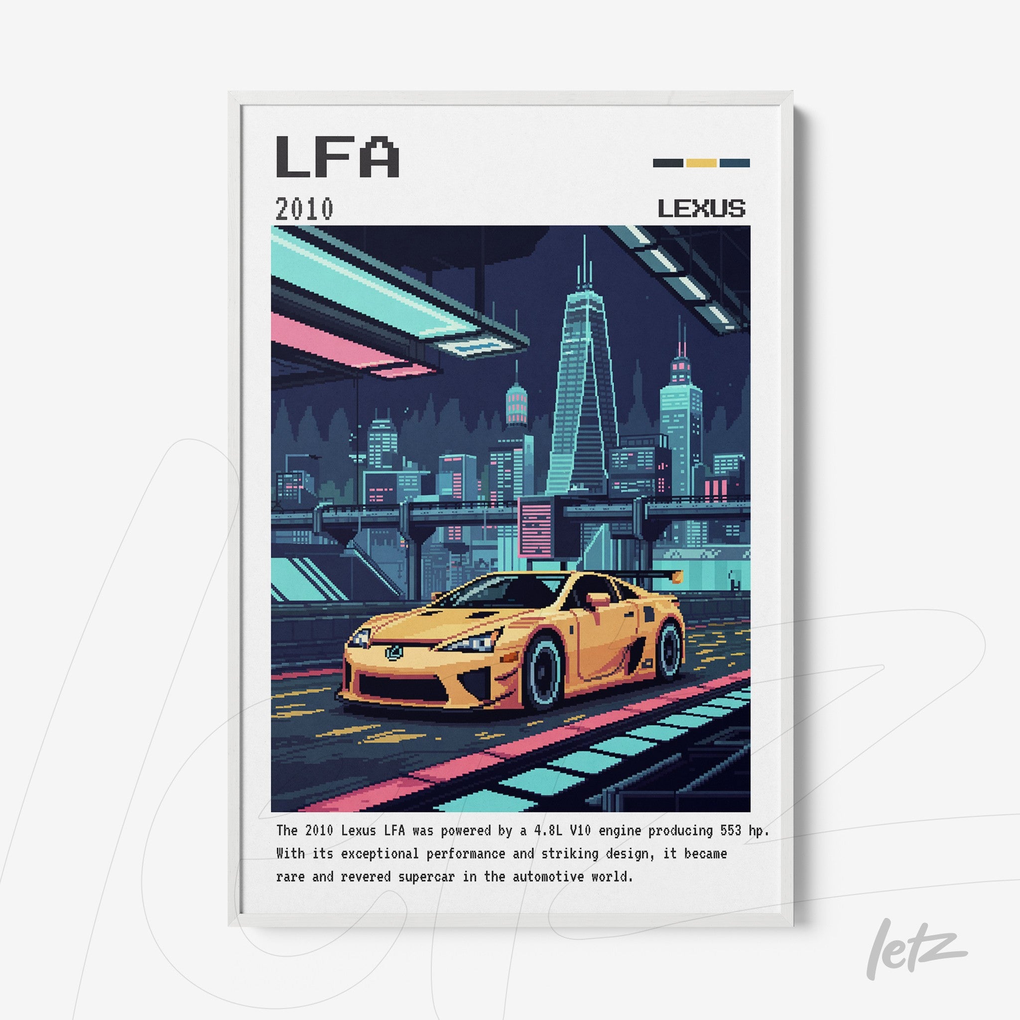 quadro minimalista com ilustração do carro Lexus LFA amarelo em uma cidade futurista à noite com predios iluminados ao fundo