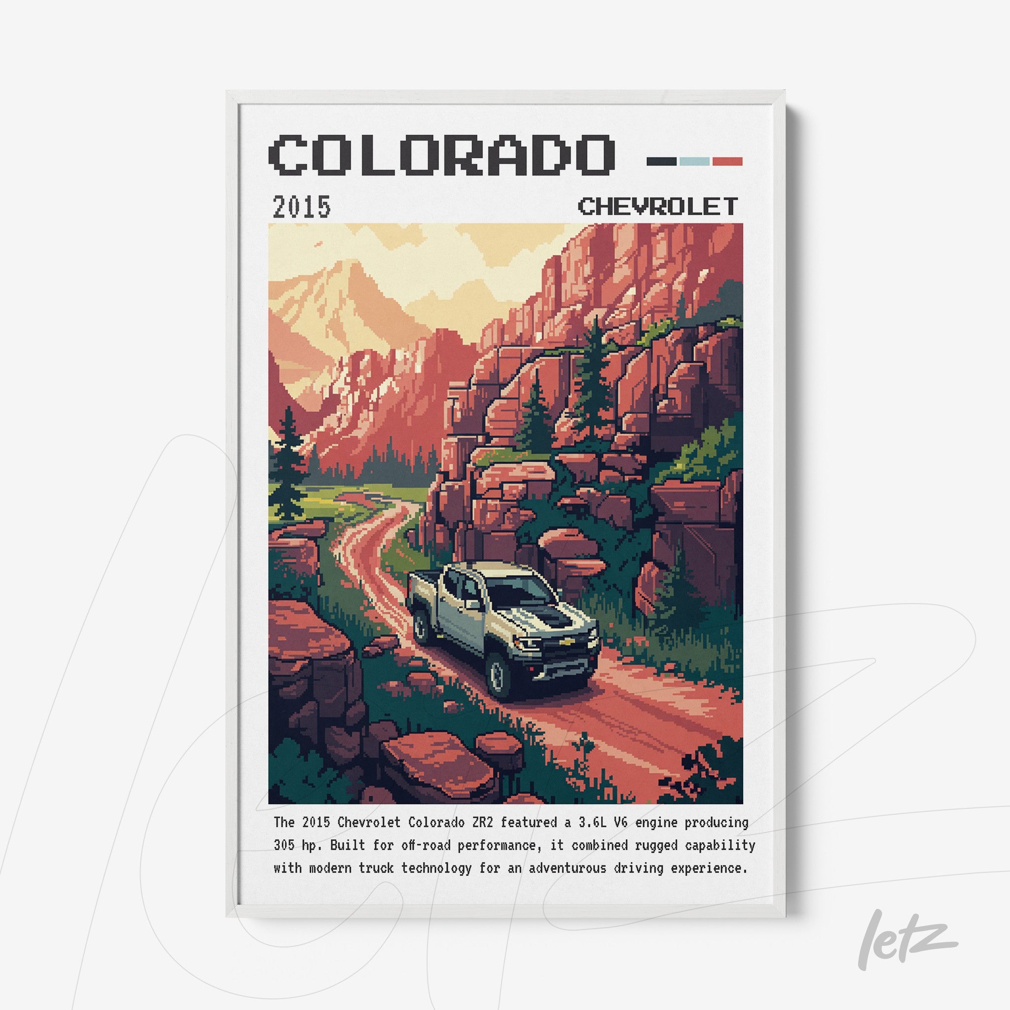 retro style framed art of 2015 Chevrolet Colorado truck with mountain backdrop and dirt road