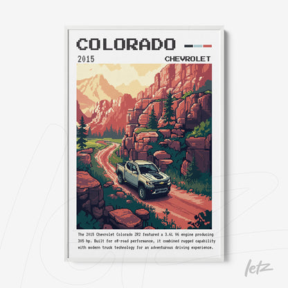 retro style framed art of 2015 Chevrolet Colorado truck with mountain backdrop and dirt road