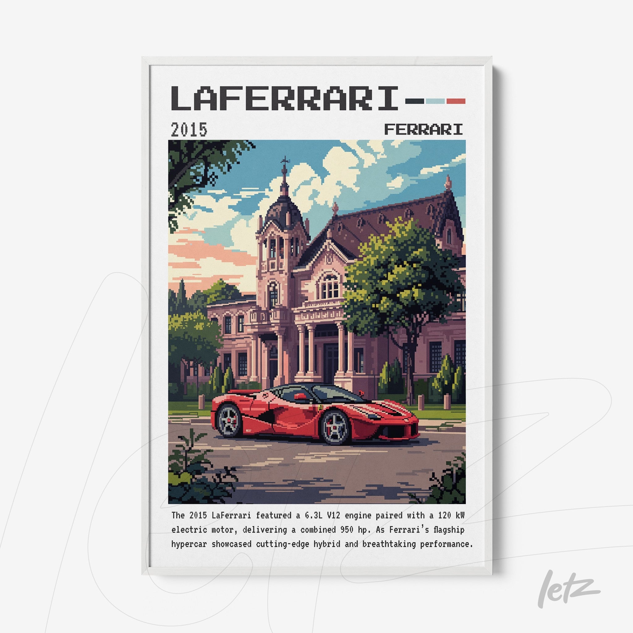 framed pixel art of a Ferrari LaFerrari in front of a mansion with white frame