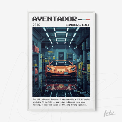framed digital art of a Lamborghini Aventador in a garage with white frame