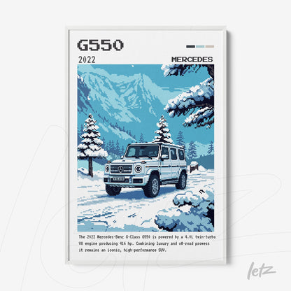 pixel art print of the Mercedes-Benz G-Class G550 in a blue mountain landscape