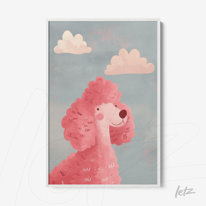 framed art featuring a pink poodle illustration on light blue background with pink clouds