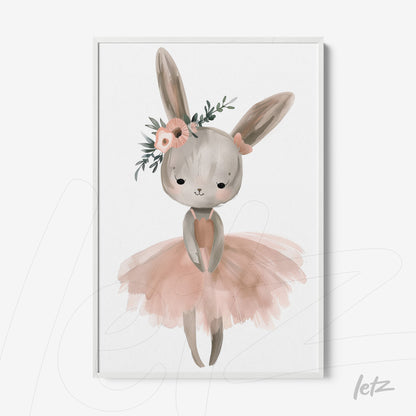 framed artwork of a delicate bunny wearing a pink tutu, adorned with flowers on its head