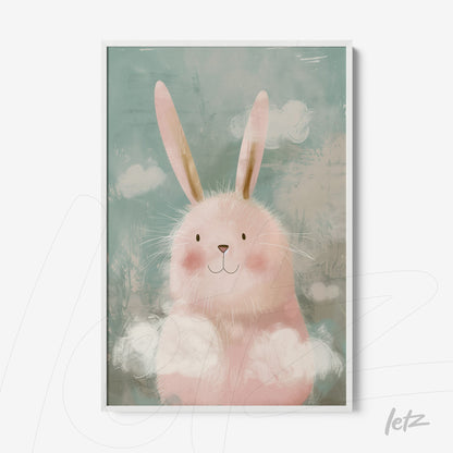 framed wall art featuring a cute bunny on a teal background with white clouds