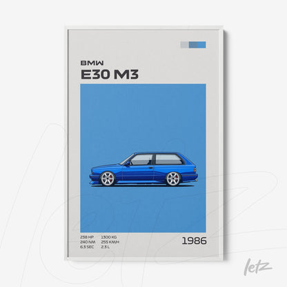 framed digital art of a blue BMW E30 M3 against a blue background featuring graphic details and informational text