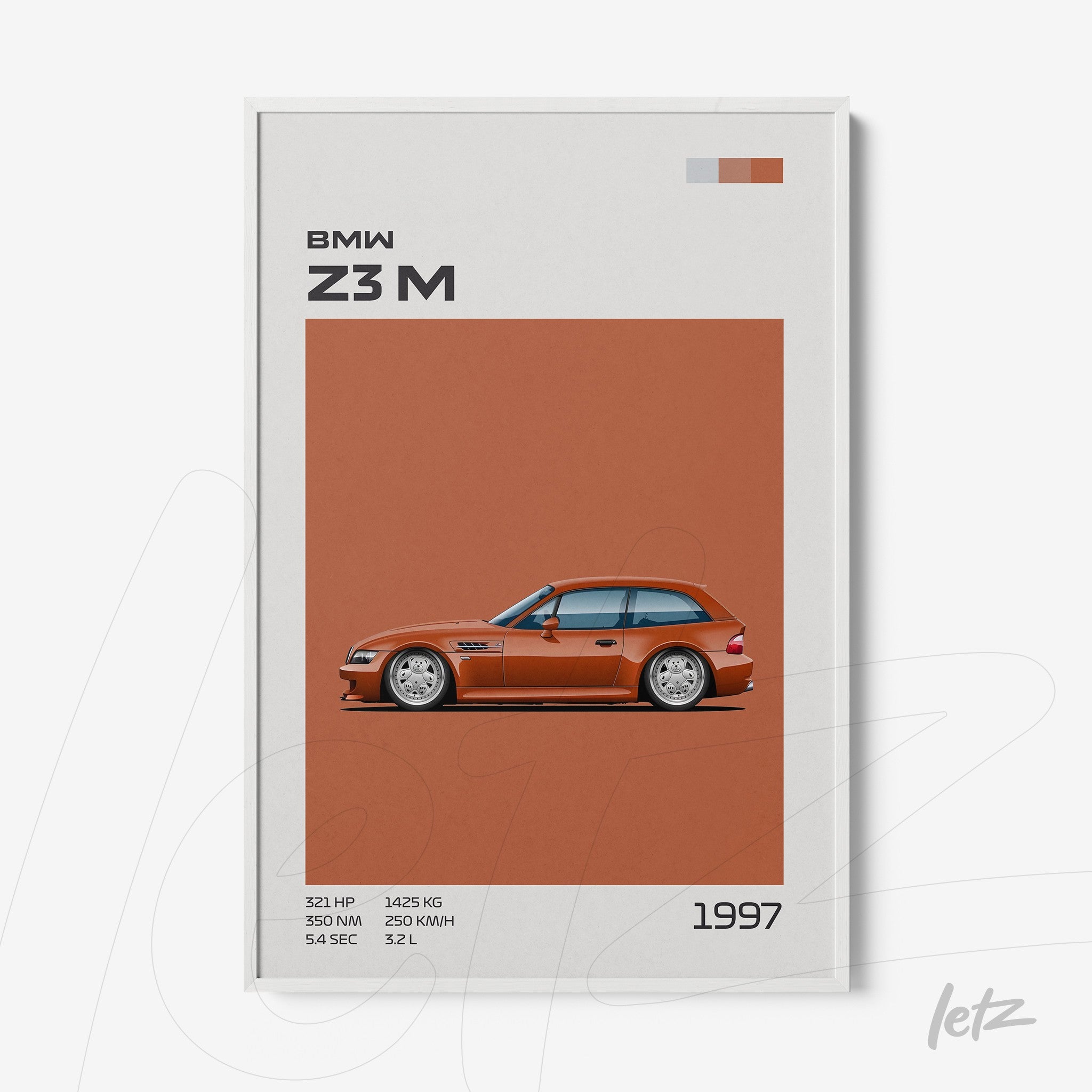 framed print featuring a minimalist illustration of the 1997 BMW Z3M with an orange background and white frame