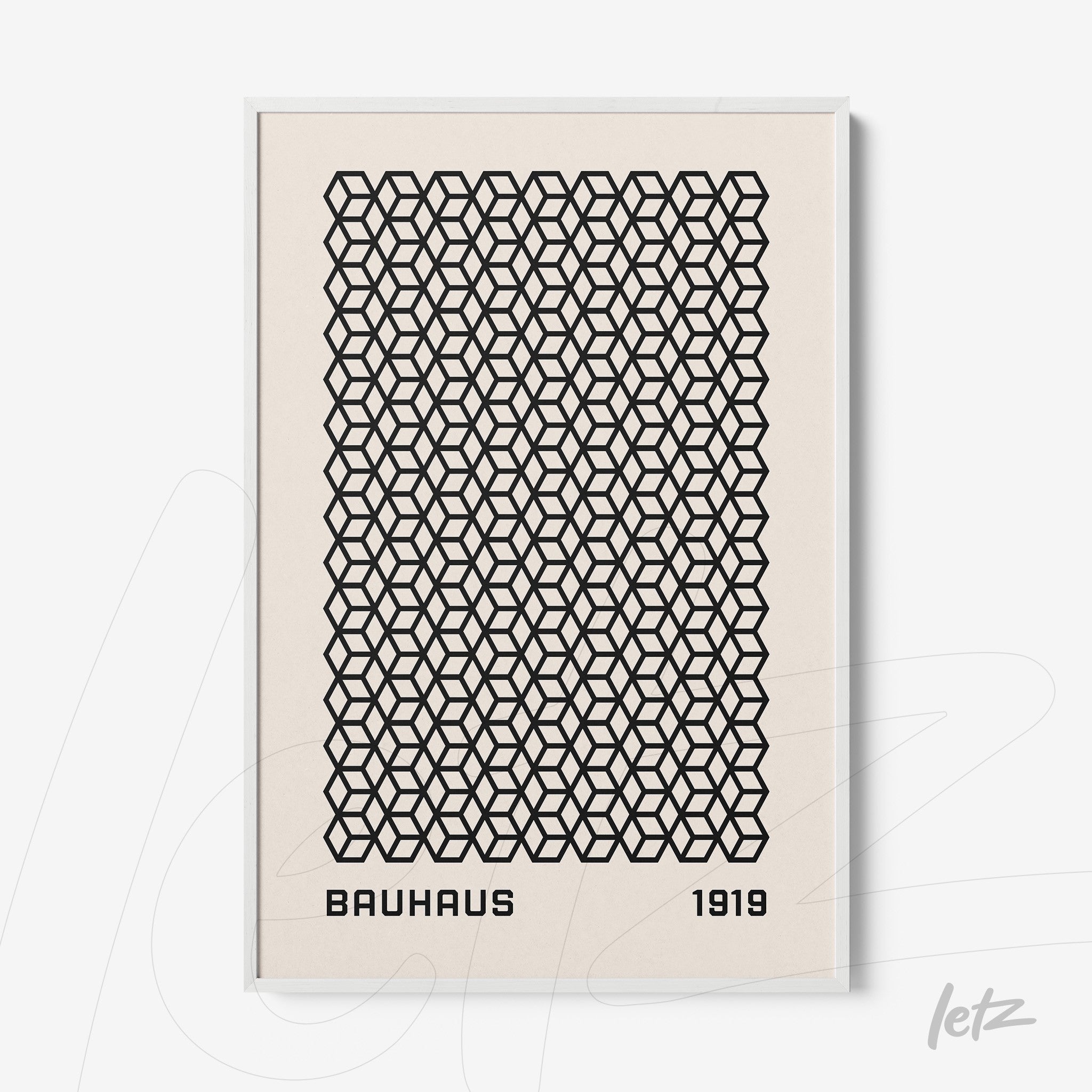 framed print with black geometric pattern and 'bauhaus 1919' text in white frame