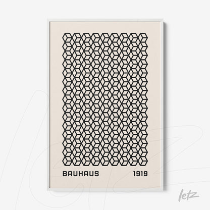 framed print with black geometric pattern and 'bauhaus 1919' text in white frame