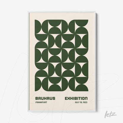 poster print featuring green geometric design and text about 1923 Bauhaus exhibition in white frame