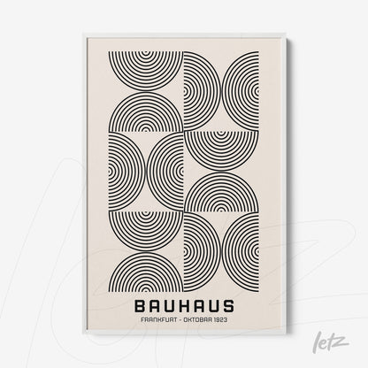 black and white Bauhaus style poster print with geometric circular patterns and white frame