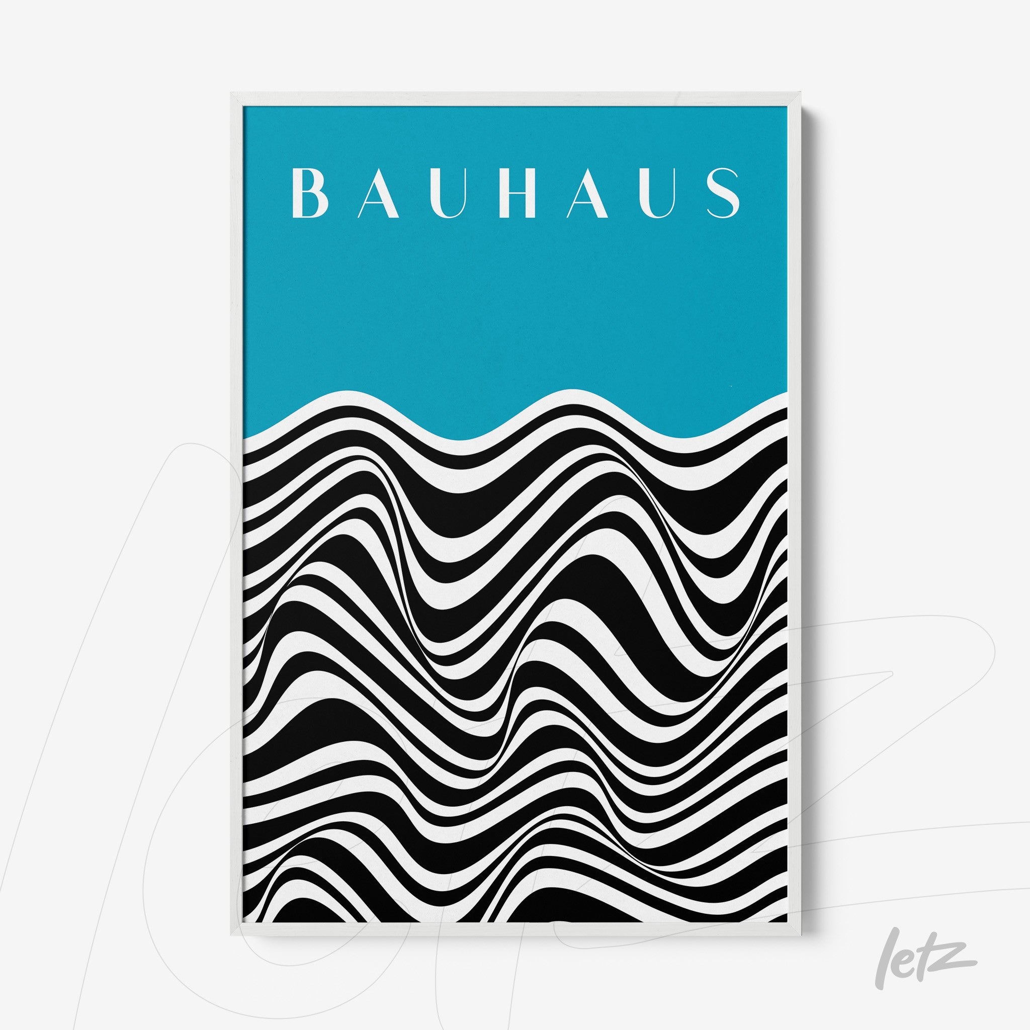 geometric Bauhaus style art with wavy black and white lines on blue background in a white frame