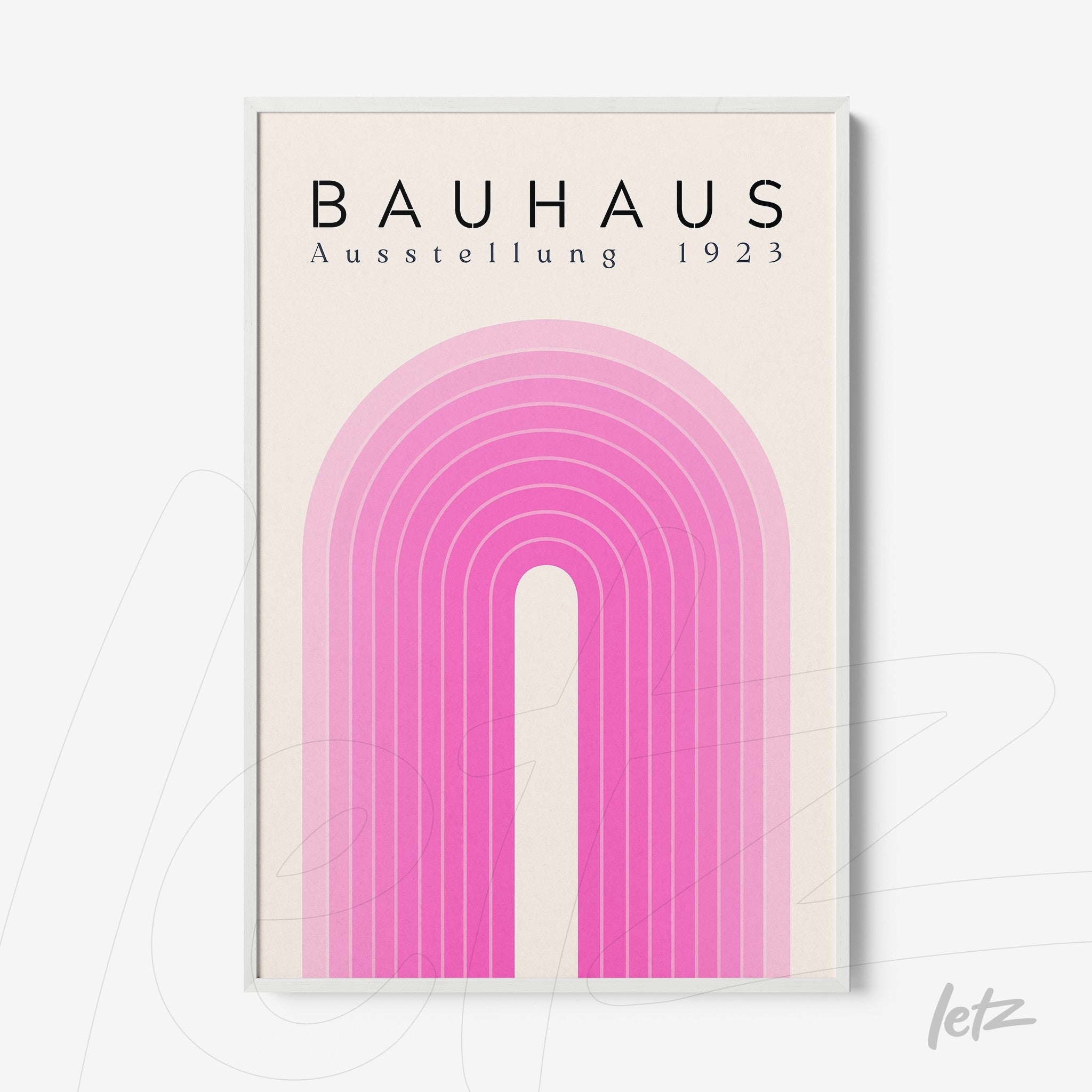 poster featuring bauhaus style abstract art from the 1920s with pink-toned arches, in a white frame