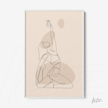 continuous line drawing of a woman in yoga pose with white frame