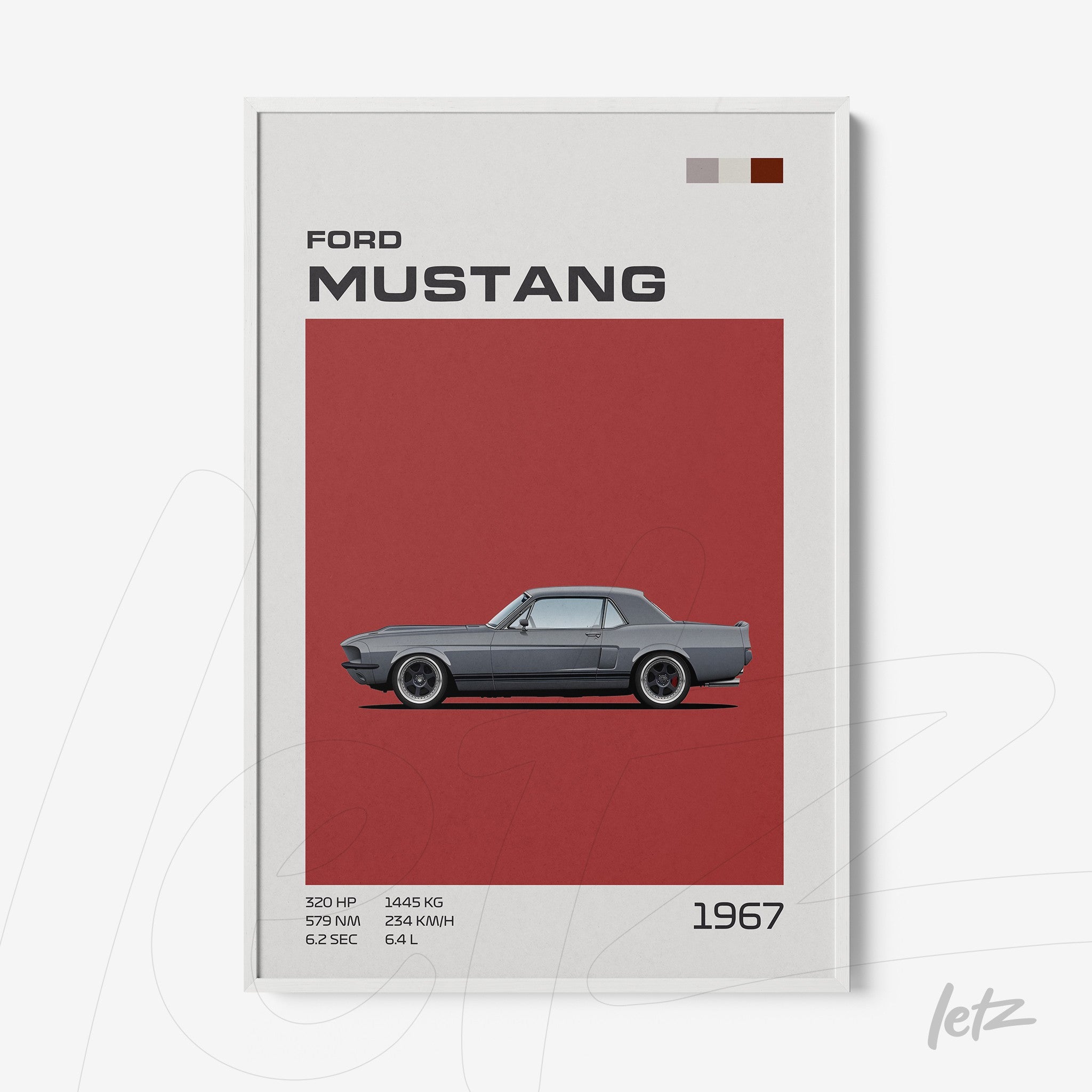 framed art of 1967 Ford Mustang illustration on red background with white frame