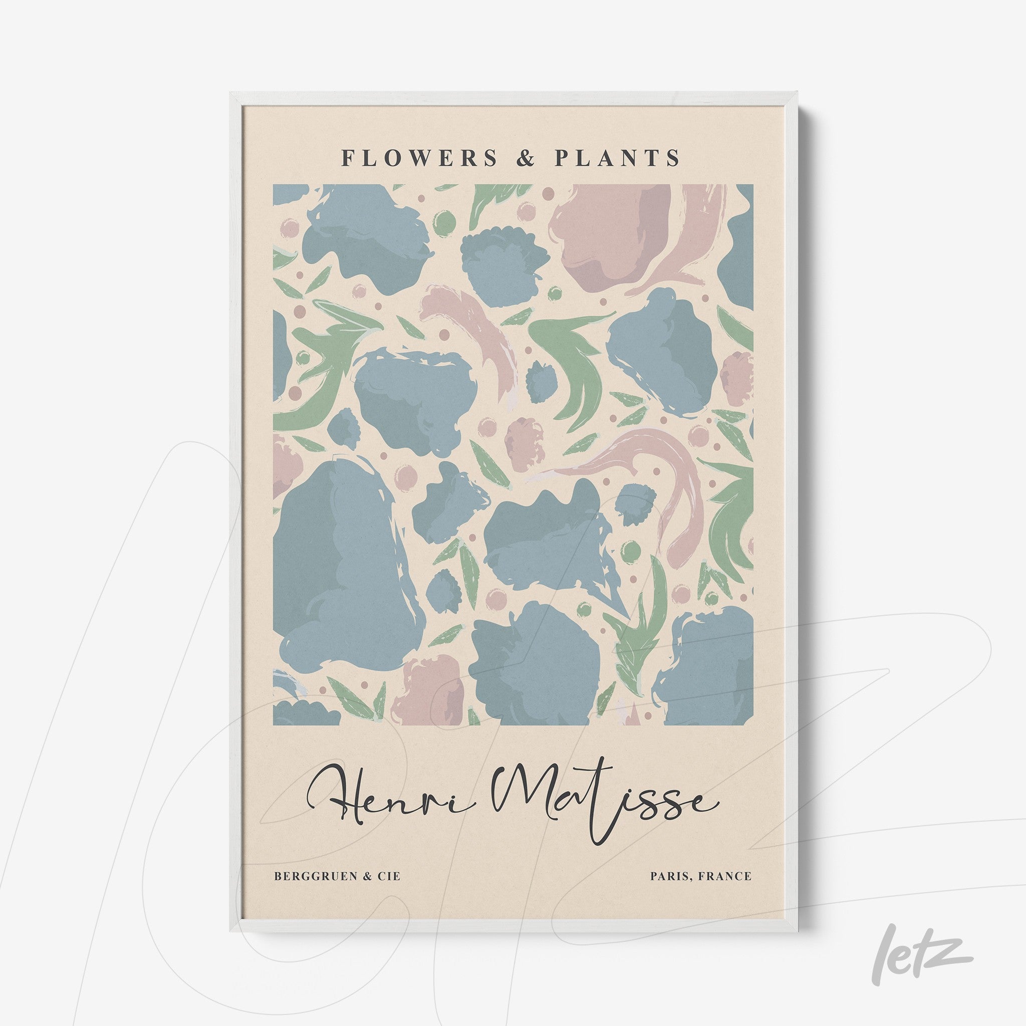 framed wall art featuring abstract floral design in pastel colors with white frame