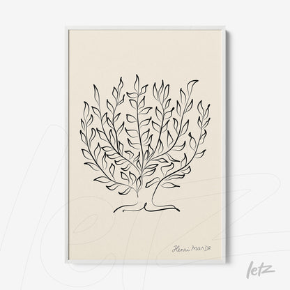 minimalist artwork featuring black line drawing of foliage on light background with white frame
