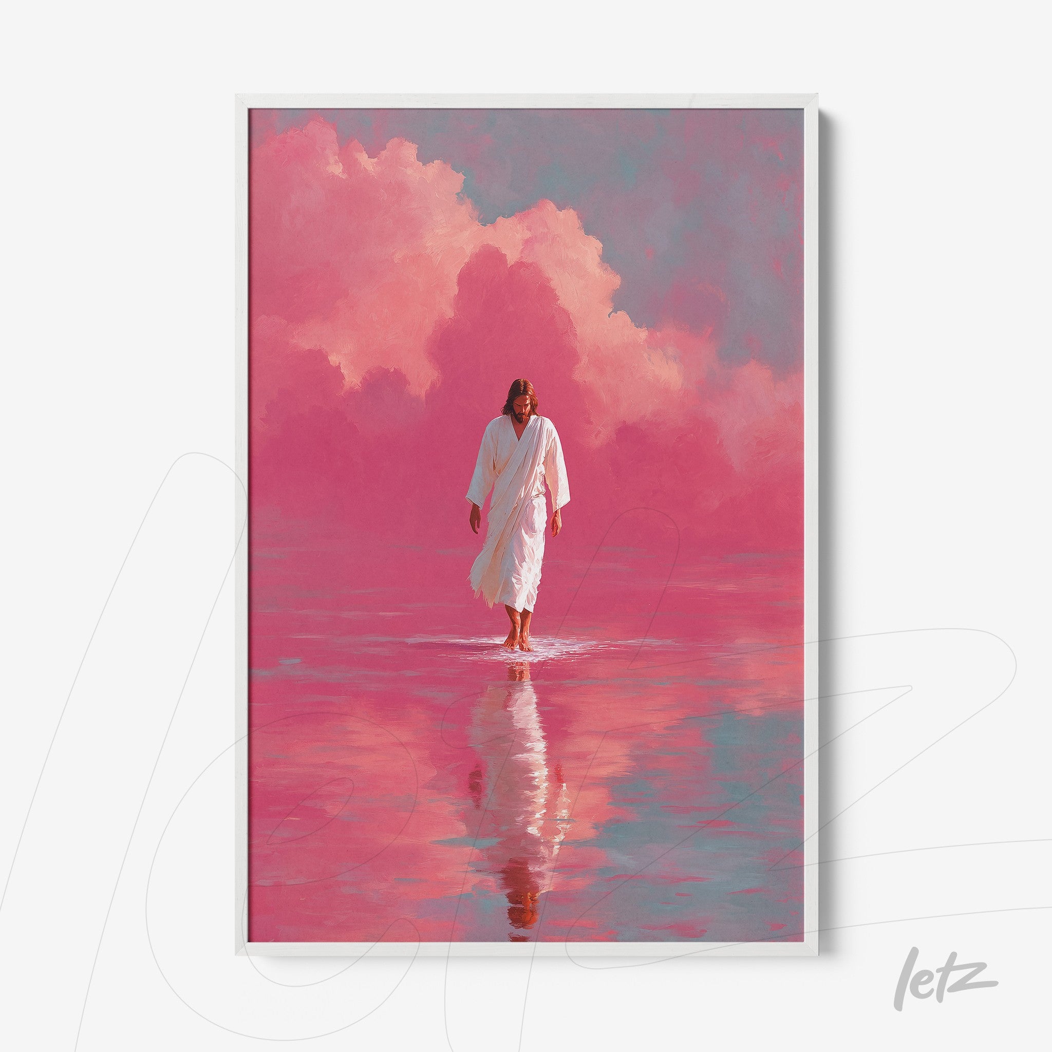 framed religious artwork of figure walking on water reflecting pink clouds and red background