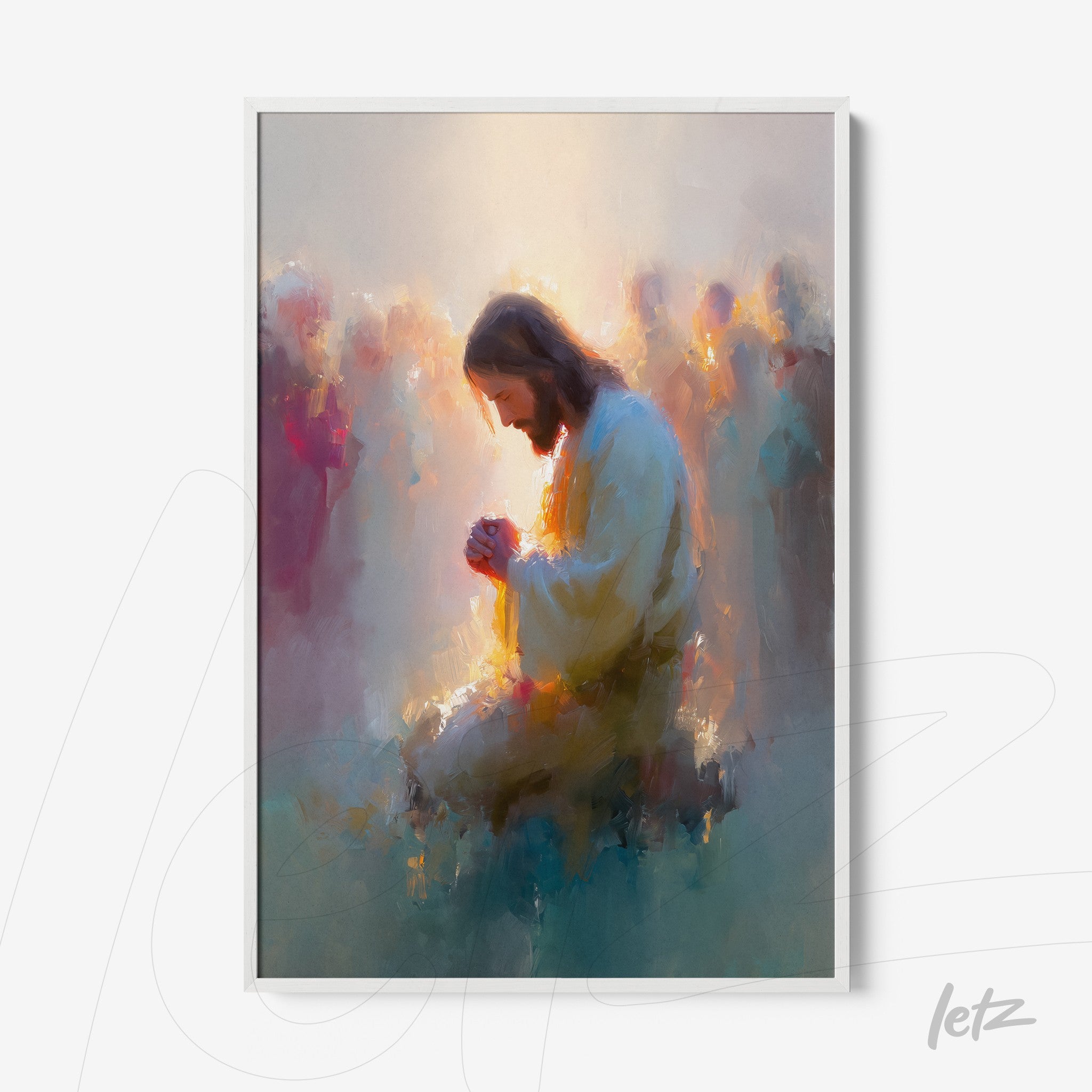 framed artwork of a reverent figure in prayer surrounded by a soft ethereal glow