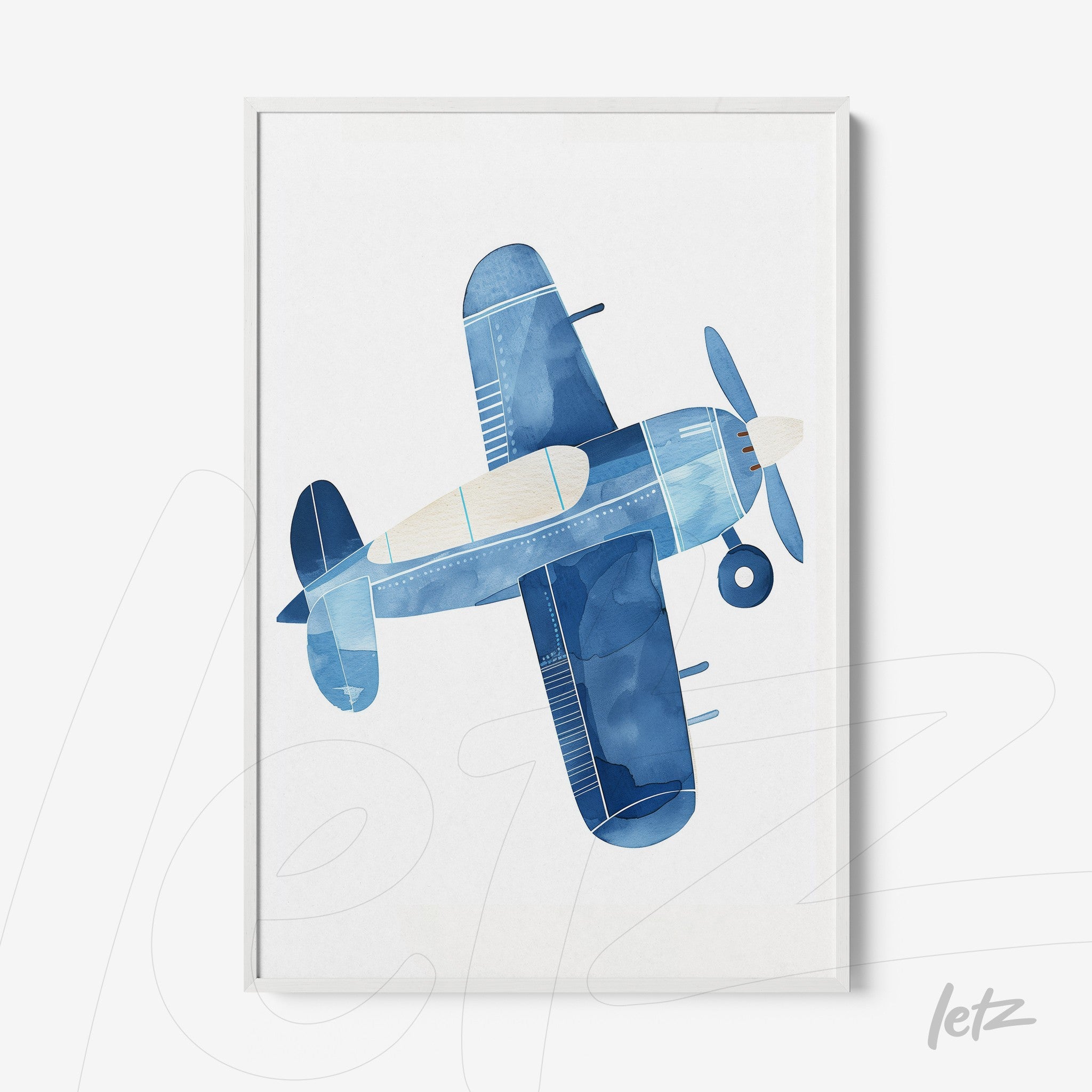 framed watercolor illustration of a blue airplane on a white background with a white frame