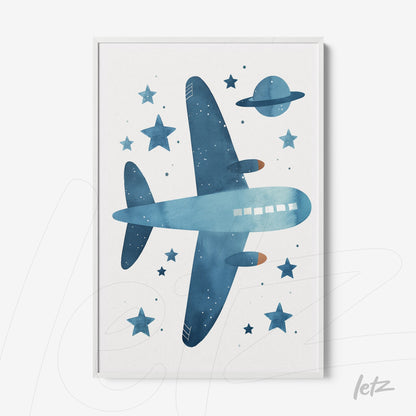 framed wall art featuring a watercolor illustration of a blue airplane against a light background with stars and planets
