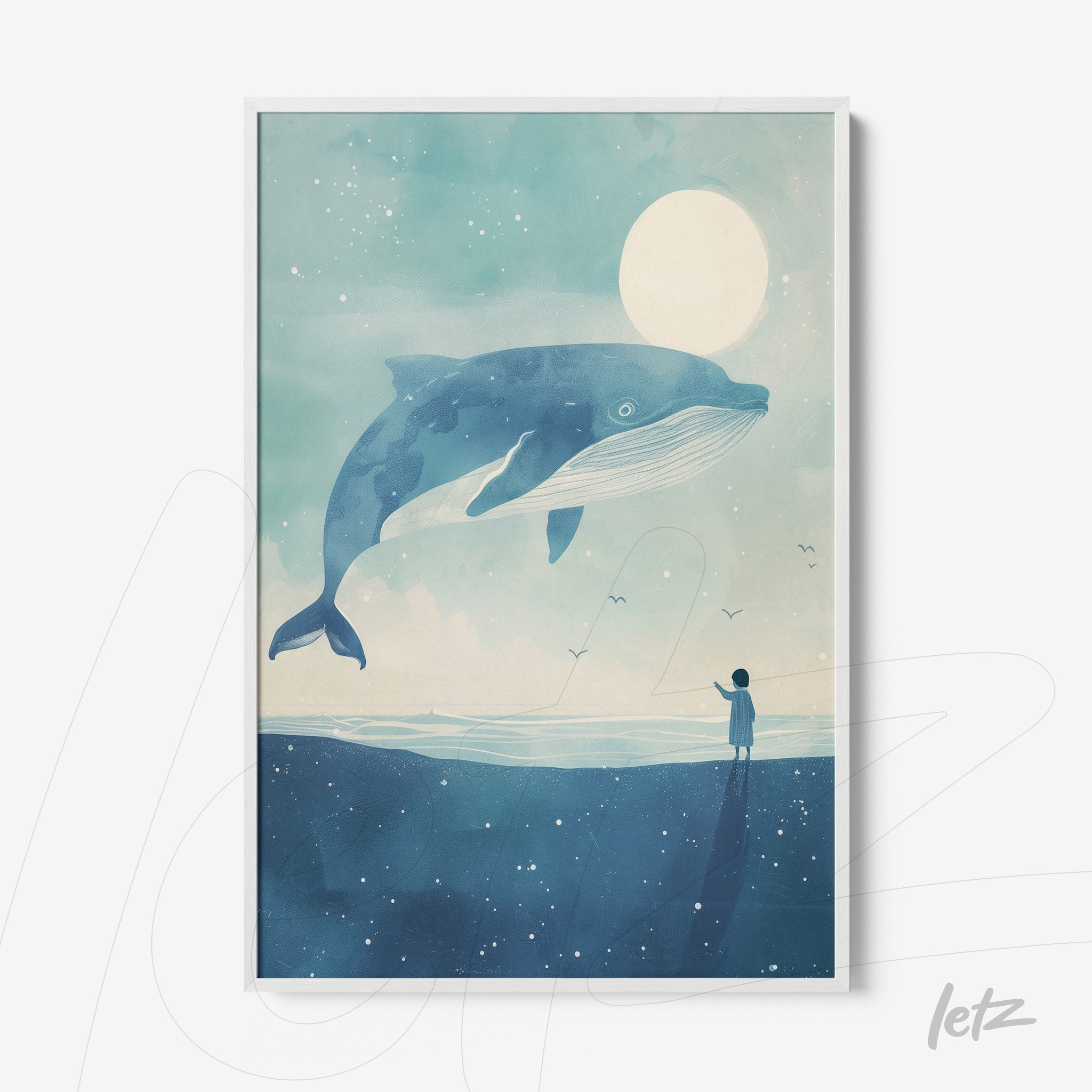 decorative art print featuring a giant blue whale floating above a solitary figure on the beach under a full moon, framed in white