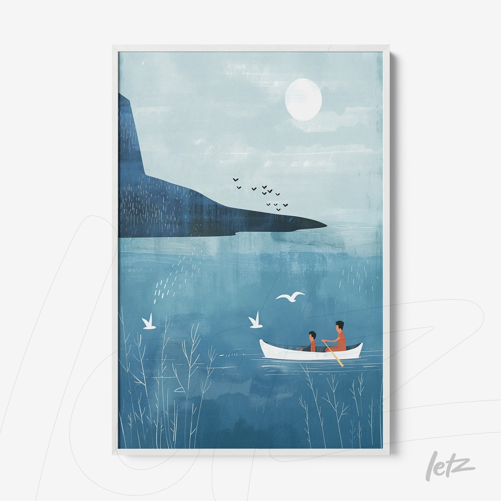 framed wall art depicting a couple in a boat on a calm lake with a distant mountain backdrop