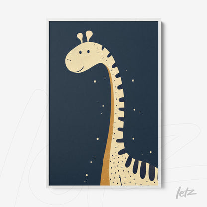 framed wall art featuring a giraffe illustration on a dark blue background with a white frame