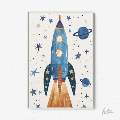framed art featuring a blue rocket launching amidst stars and planets with white frame