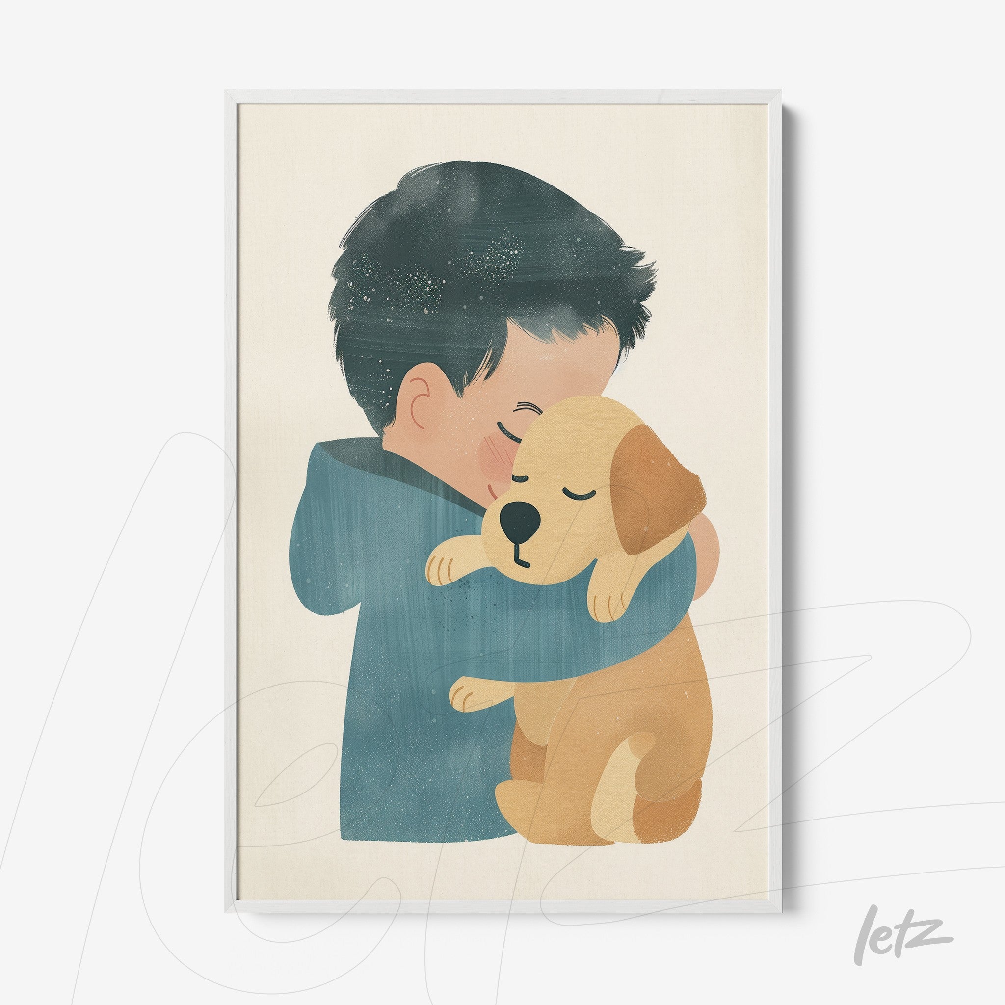 framed artwork of a boy hugging a dog in a white frame