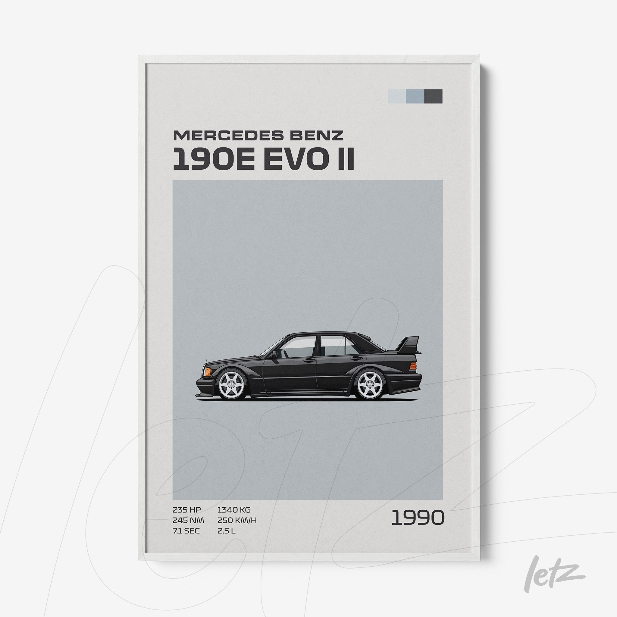 framed art illustrating the Mercedes Benz 190E Evo II on a gray background with white frame