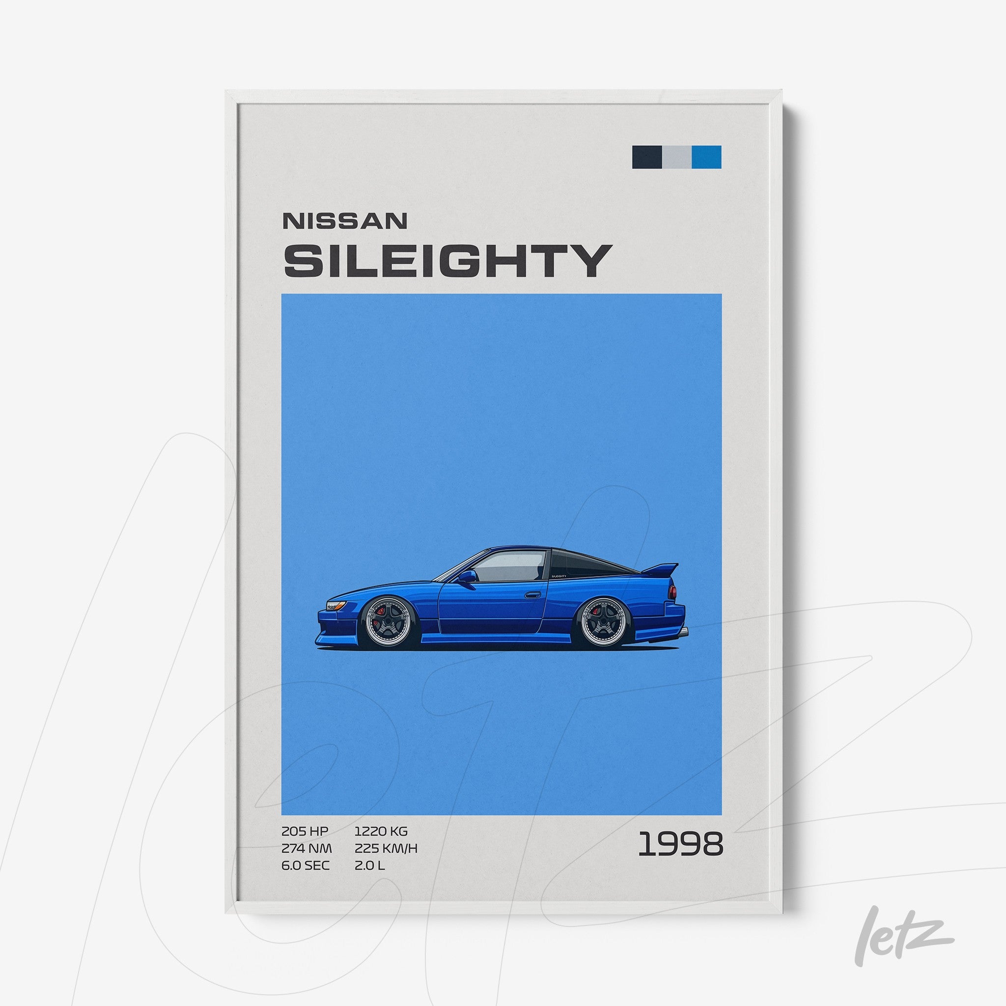 framed digital artwork of a blue Nissan Sil80 on vibrant blue background with technical details and year at the bottom