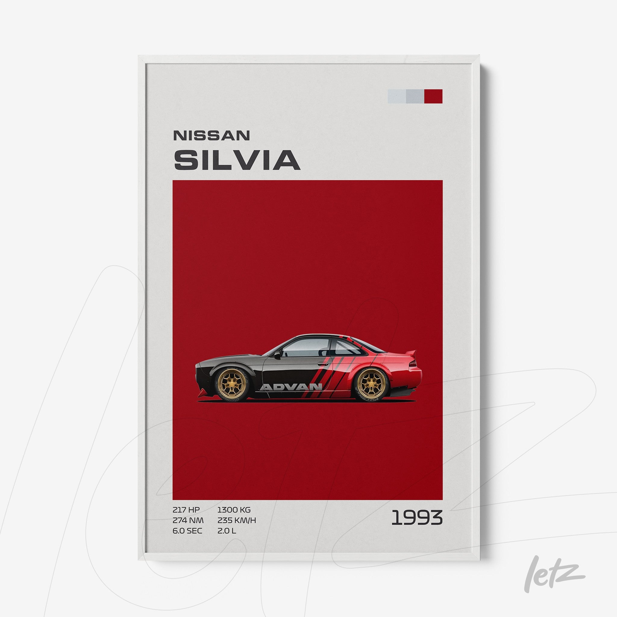 framed digital art of Nissan Silvia car on red background showing technical details with white frame