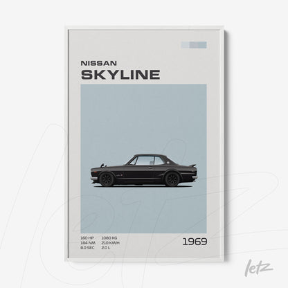 framed wall art featuring a minimalist illustration of a 1969 Nissan Skyline with a white frame and light blue background