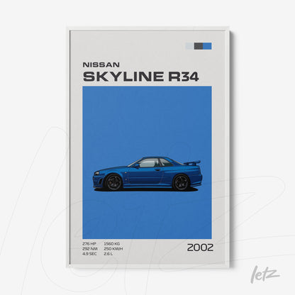 minimalist framed art featuring an illustration of the Nissan Skyline R34 on a vibrant blue background with a white frame