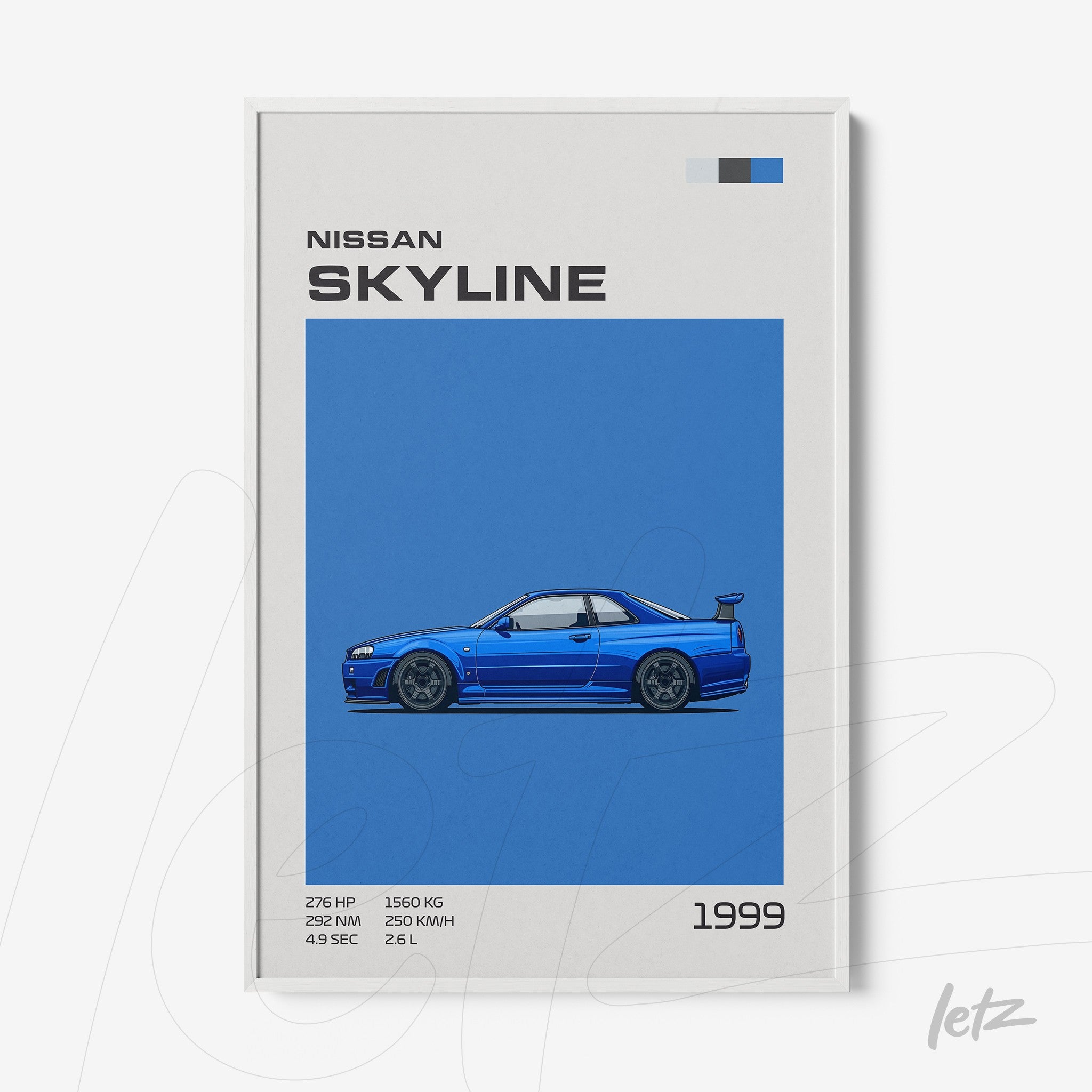 framed art of a Nissan Skyline 1999 illustration on a blue background with white frame