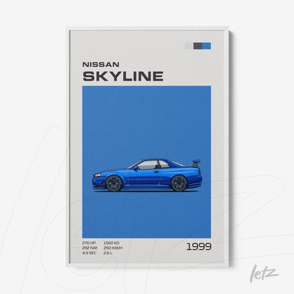 framed art of a Nissan Skyline 1999 illustration on a blue background with white frame