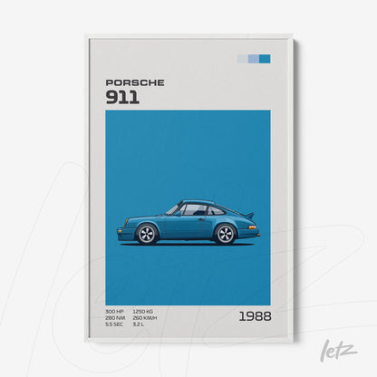 framed art depicting the 1988 Porsche 911 in vibrant blue background and white frame