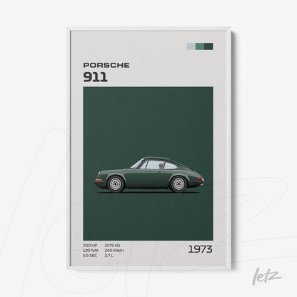 framed wall art featuring an illustration of the 1973 Porsche 911 against a dark green background