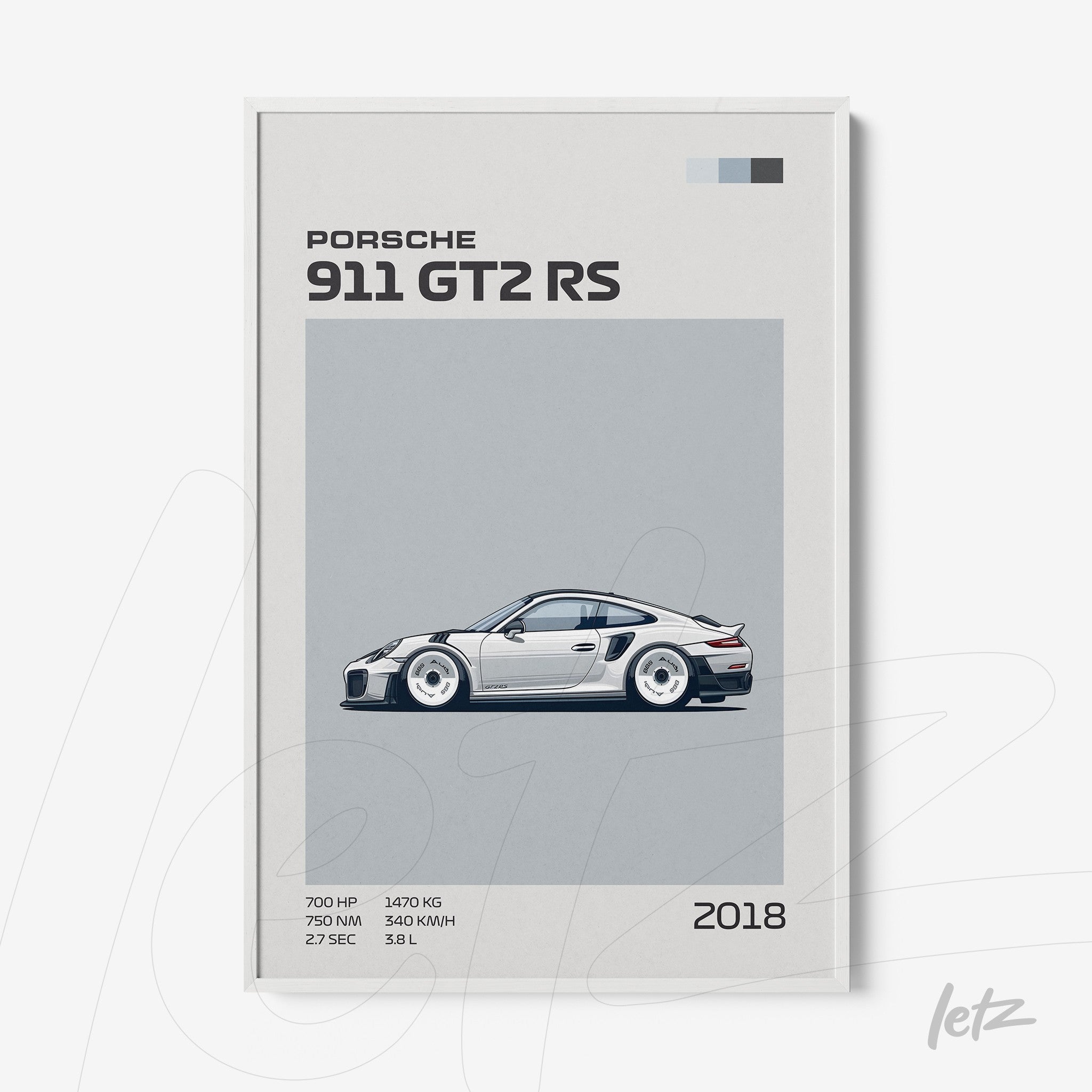 framed artwork featuring a stylized illustration of the 2018 Porsche 911 GT2 RS with a white frame