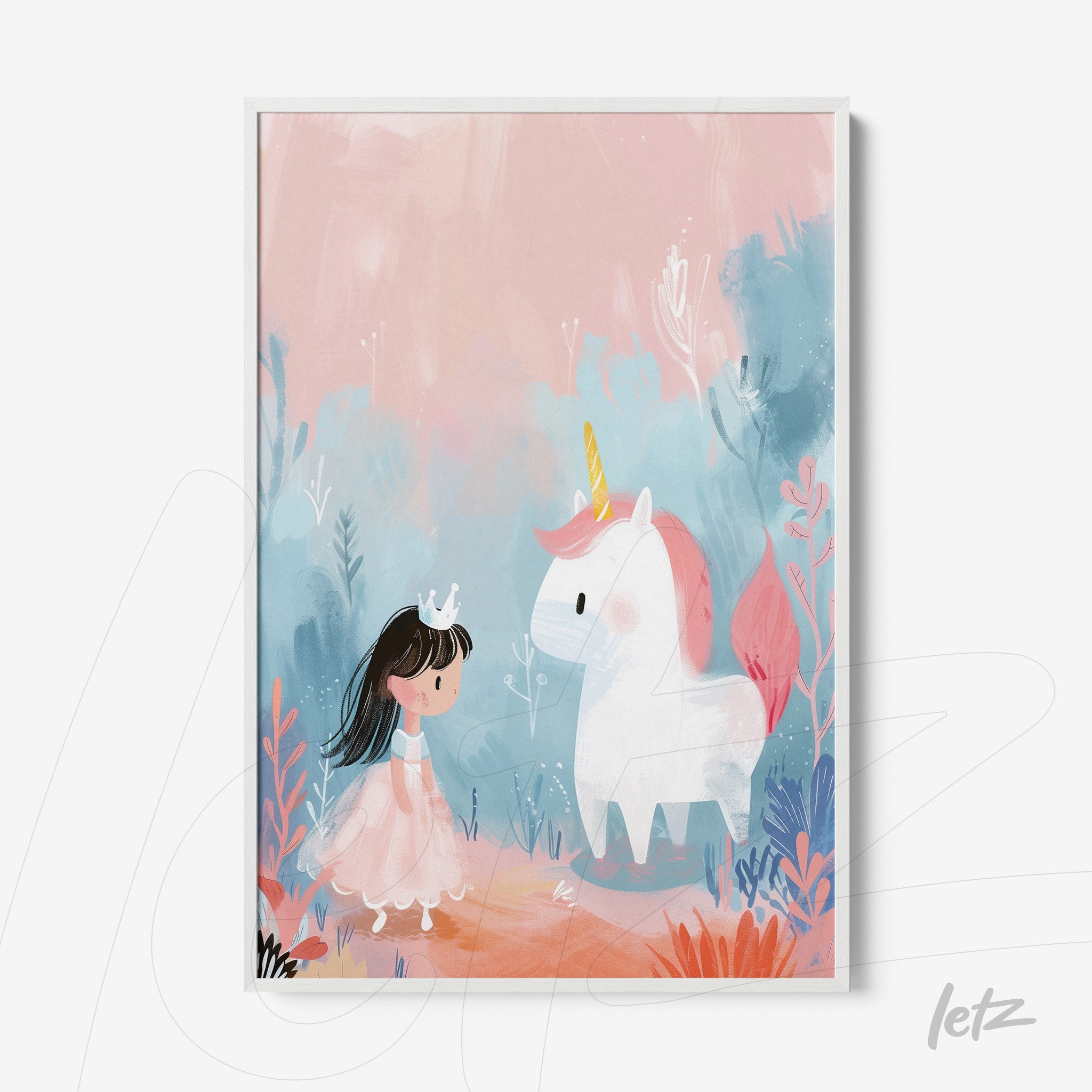 framed wall art featuring a cute illustration of a girl in a pink dress and crown interacting with a white unicorn on a soft pastel background