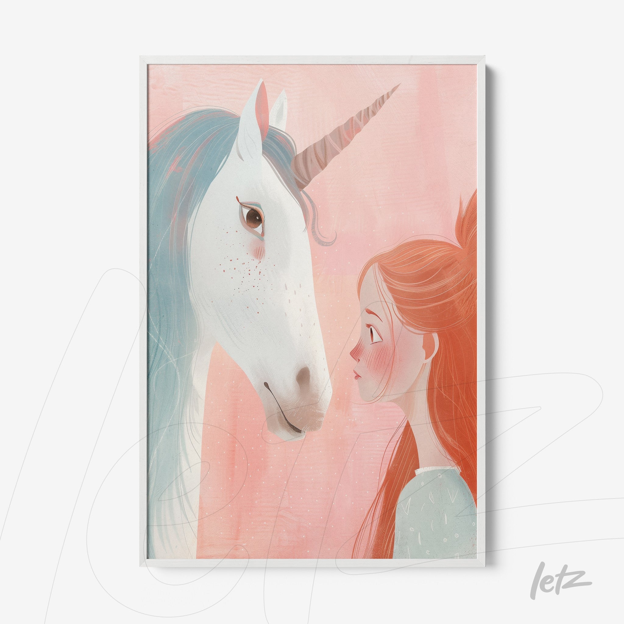 framed artwork of a girl gazing at a unicorn with a soft pink background