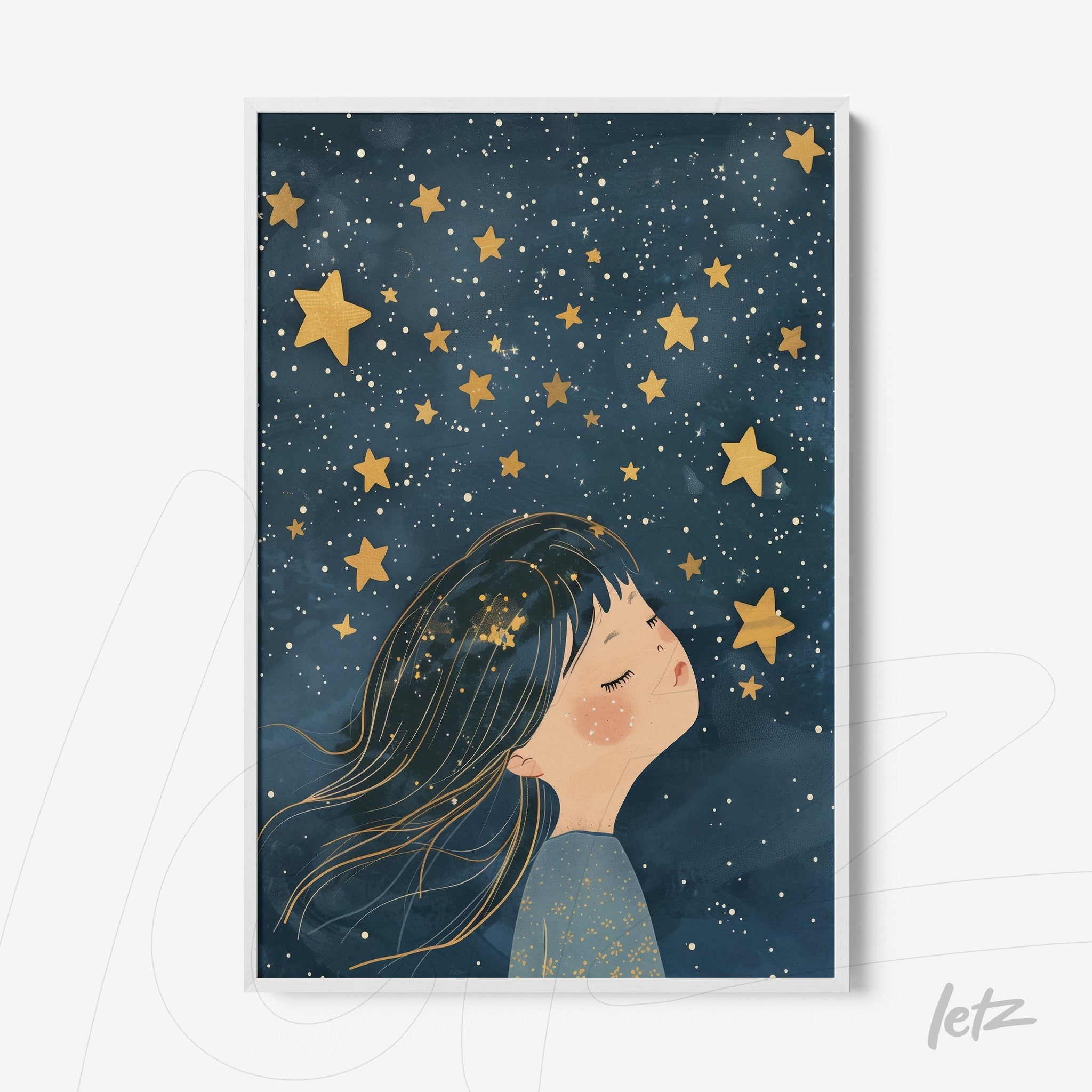 framed wall art featuring a girl gazing at a starry sky with a dark blue background and golden stars