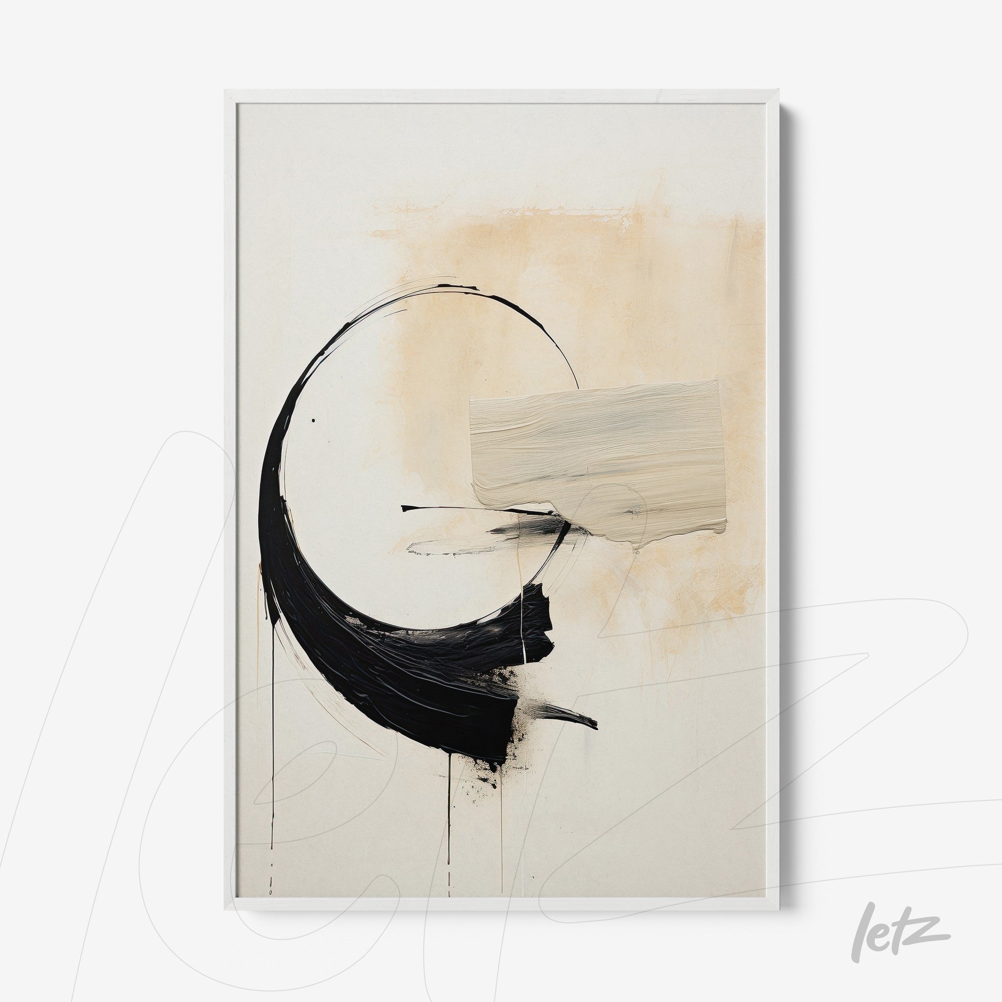 framed abstract wall art featuring fluid black shapes and beige accents