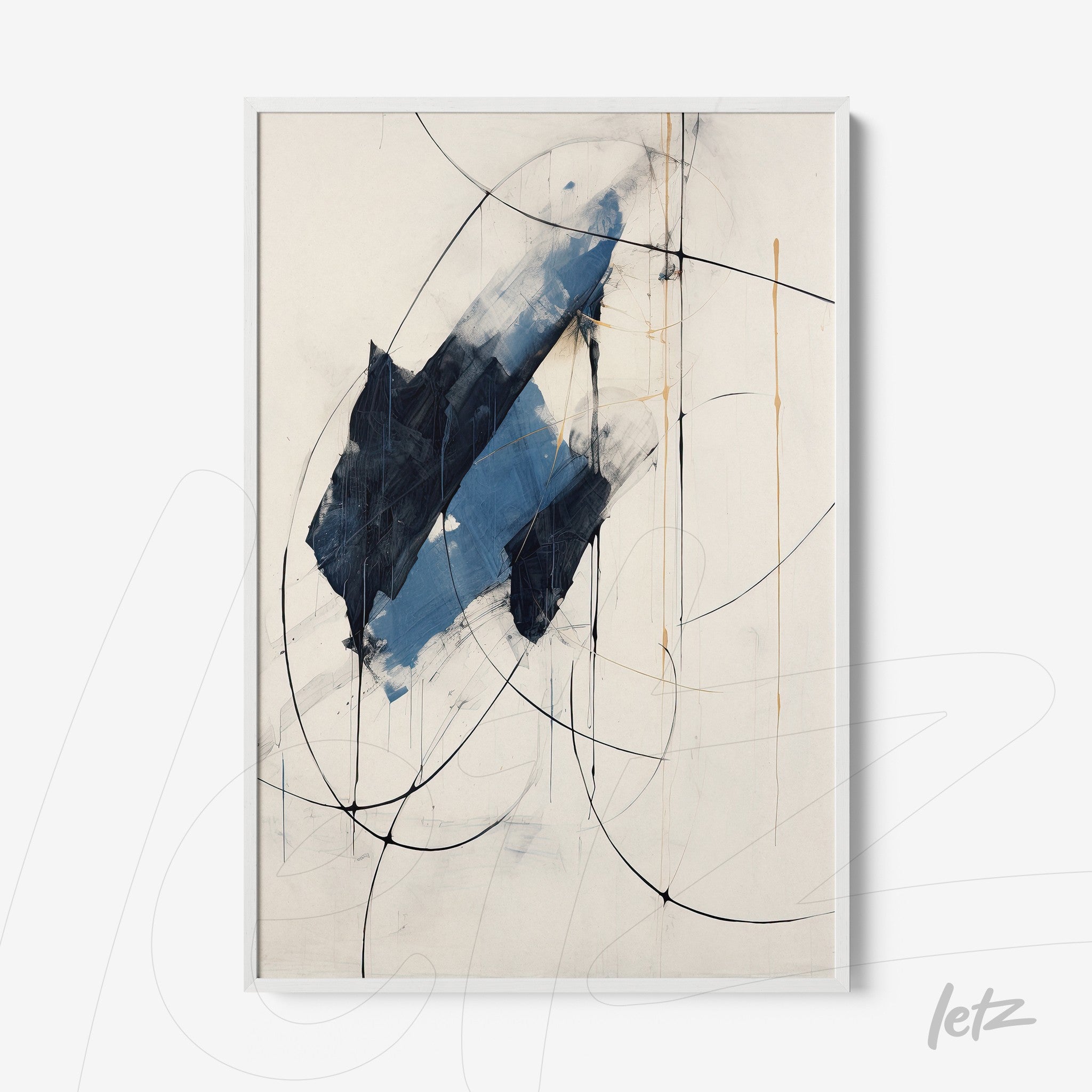 abstract wall art in shades of blue with black lines in a thin white frame