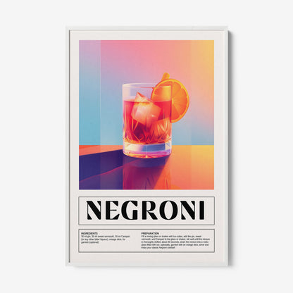 framed wall art of vibrant negroni cocktail with white frame, featuring colorful background and preparation details