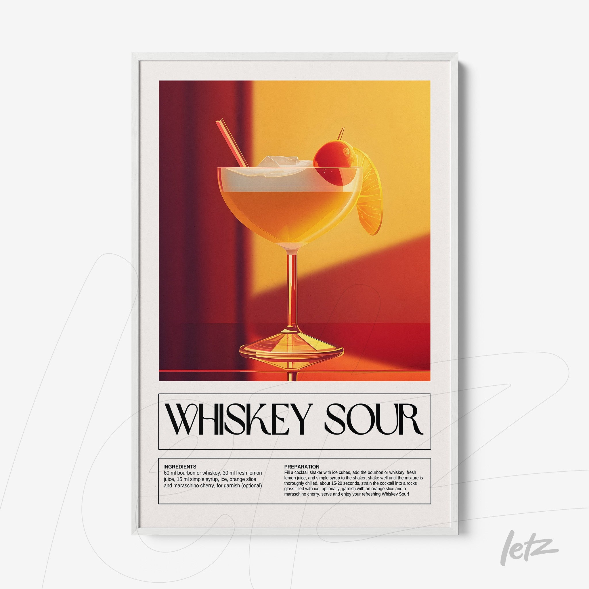 framed art print of whiskey sour cocktail in white frame with orange and red background