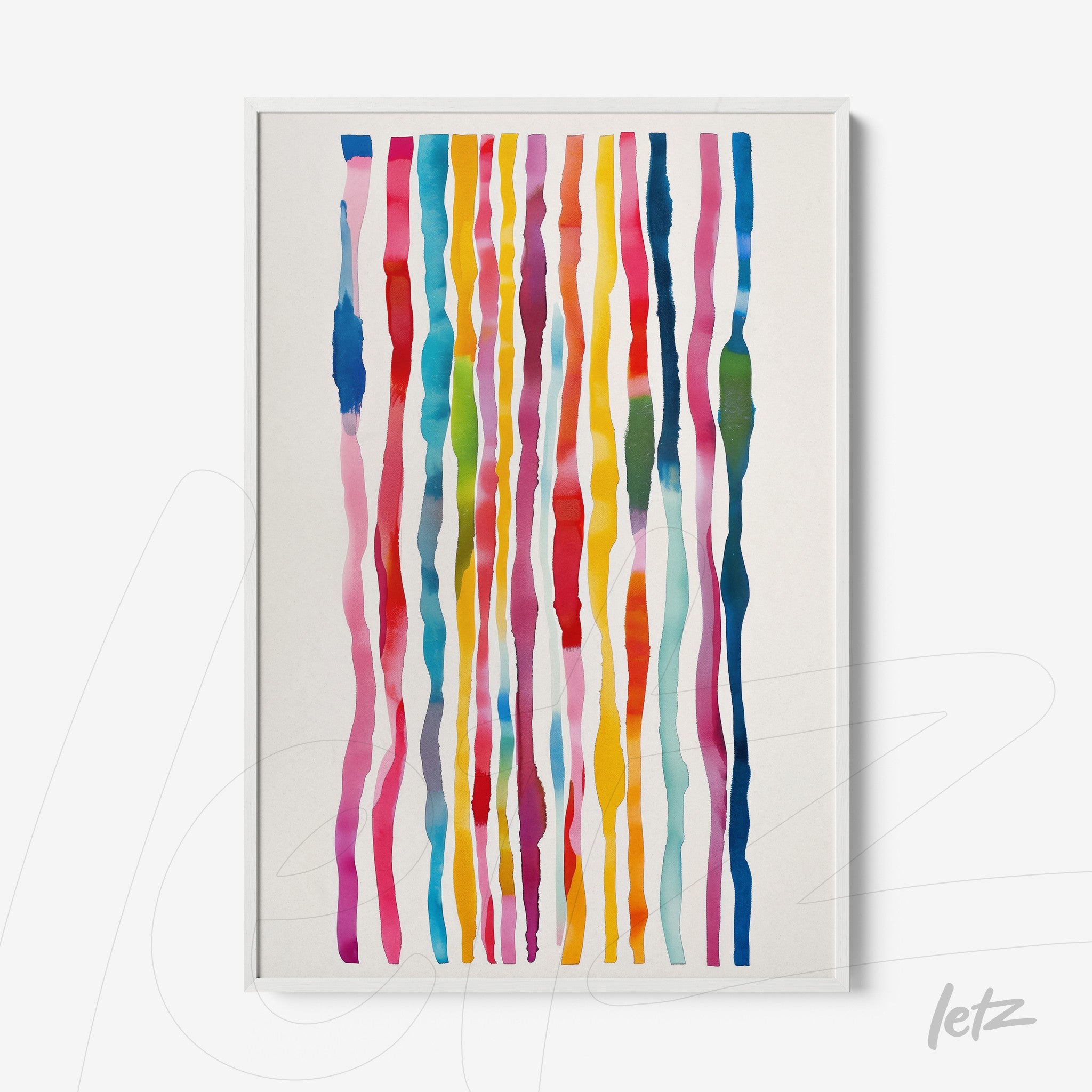 framed abstract art featuring colorful stripes in white frame
