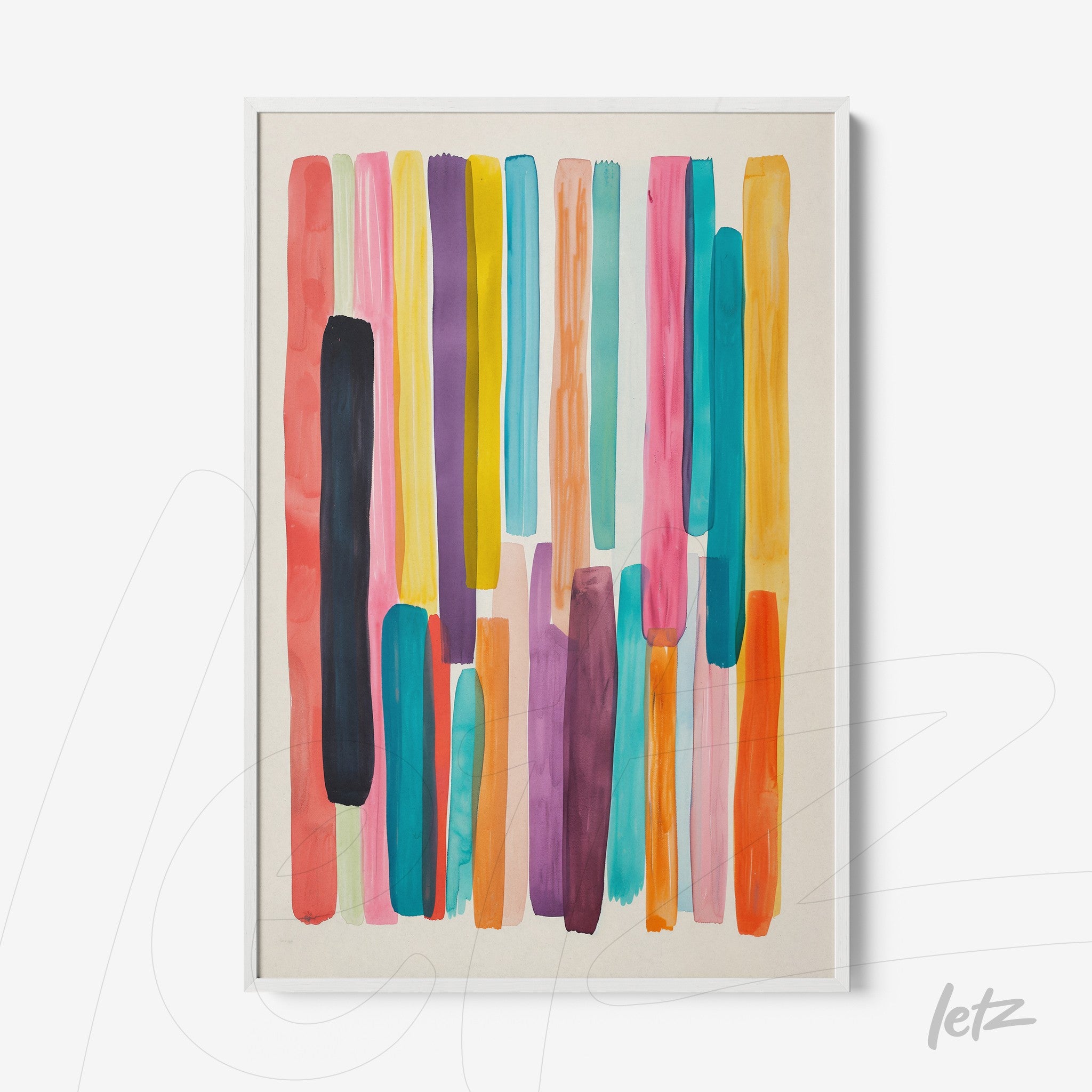 framed artwork featuring vibrant abstract design with colorful stripes in pink, blue, orange, and purple